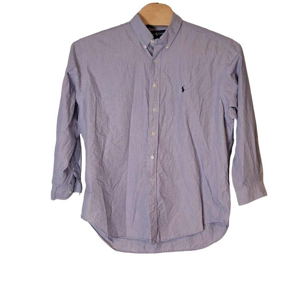 Ralph Lauren Yarmouth Blue Tick Striped Button-Down Dress Shirt Size‎ 17 1/2